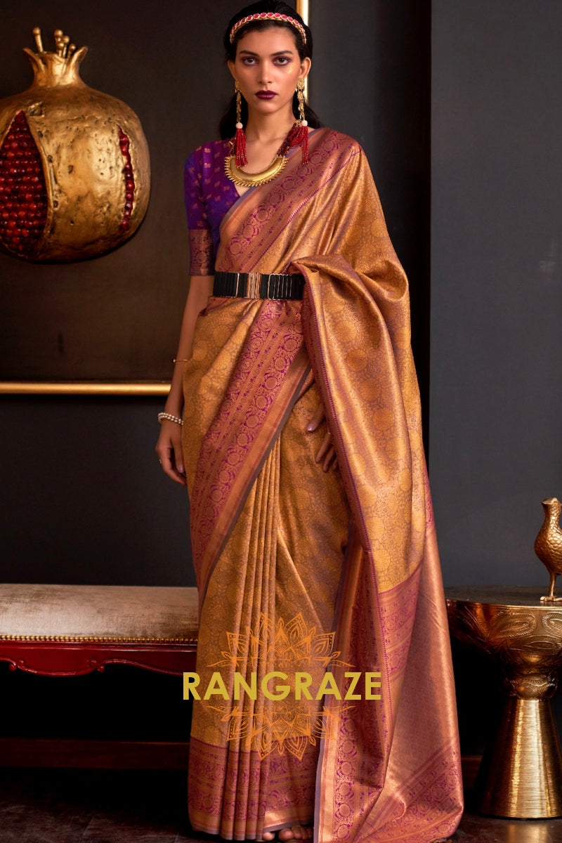 Alluring Golden Yellow Woven Banarasi Silk Saree With Contrast Brocade Blouse