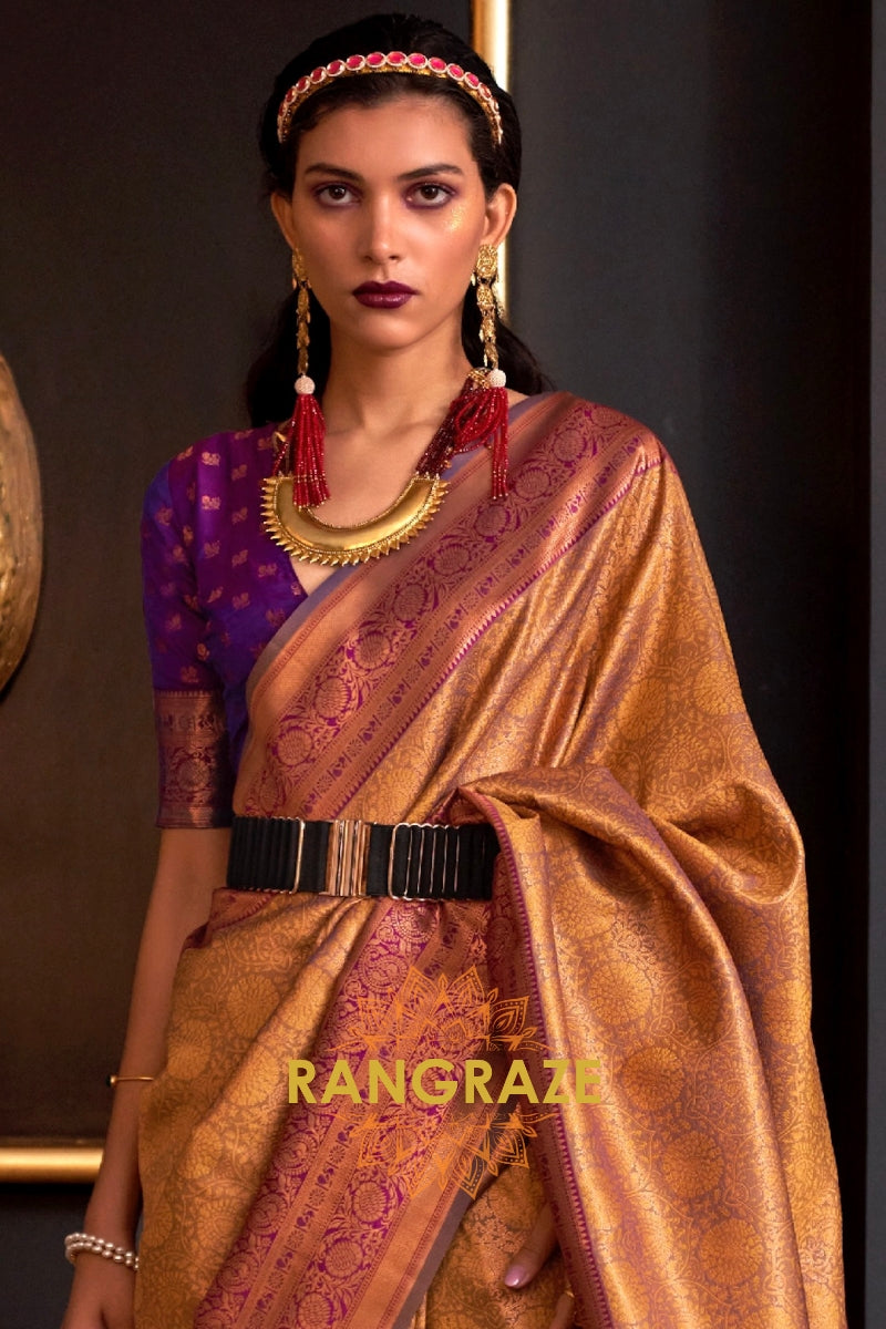 Alluring Golden Yellow Woven Banarasi Silk Saree With Contrast Brocade Blouse