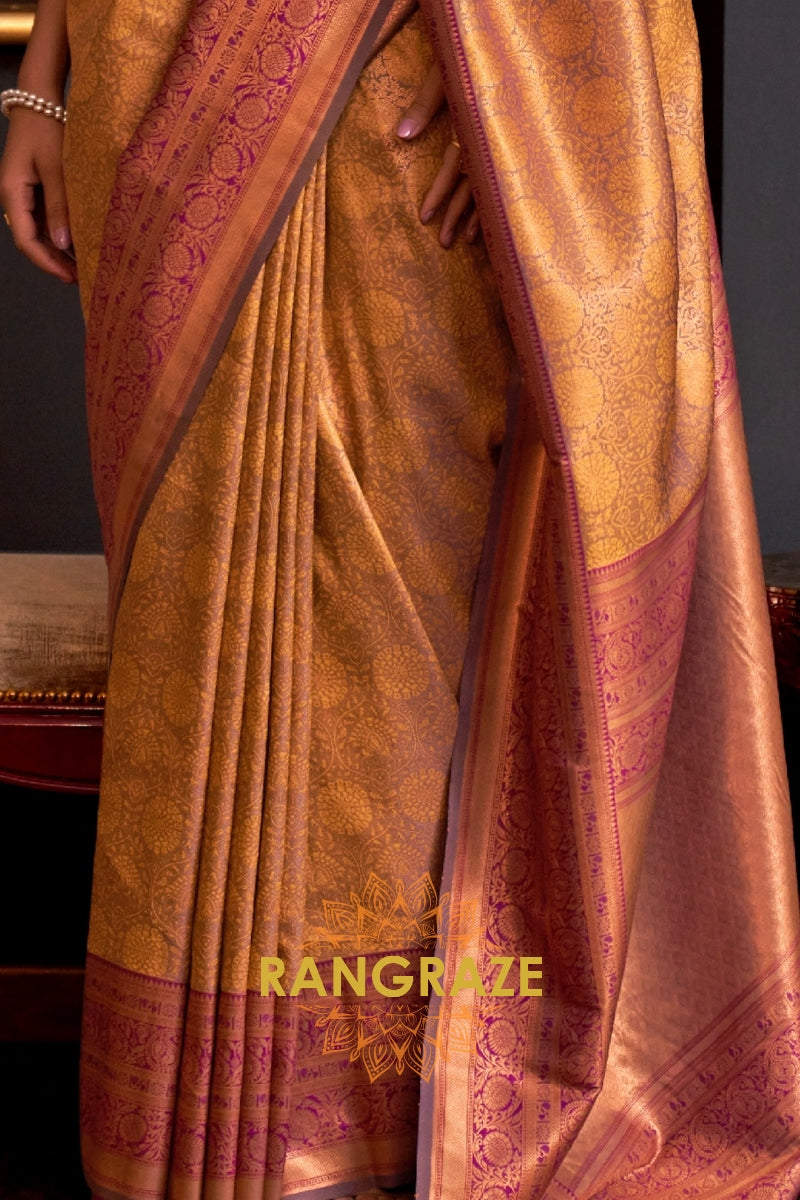 Alluring Golden Yellow Woven Banarasi Silk Saree With Contrast Brocade Blouse