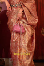 Imperial Peach Pink Woven Banarasi Brocade Silk Saree
