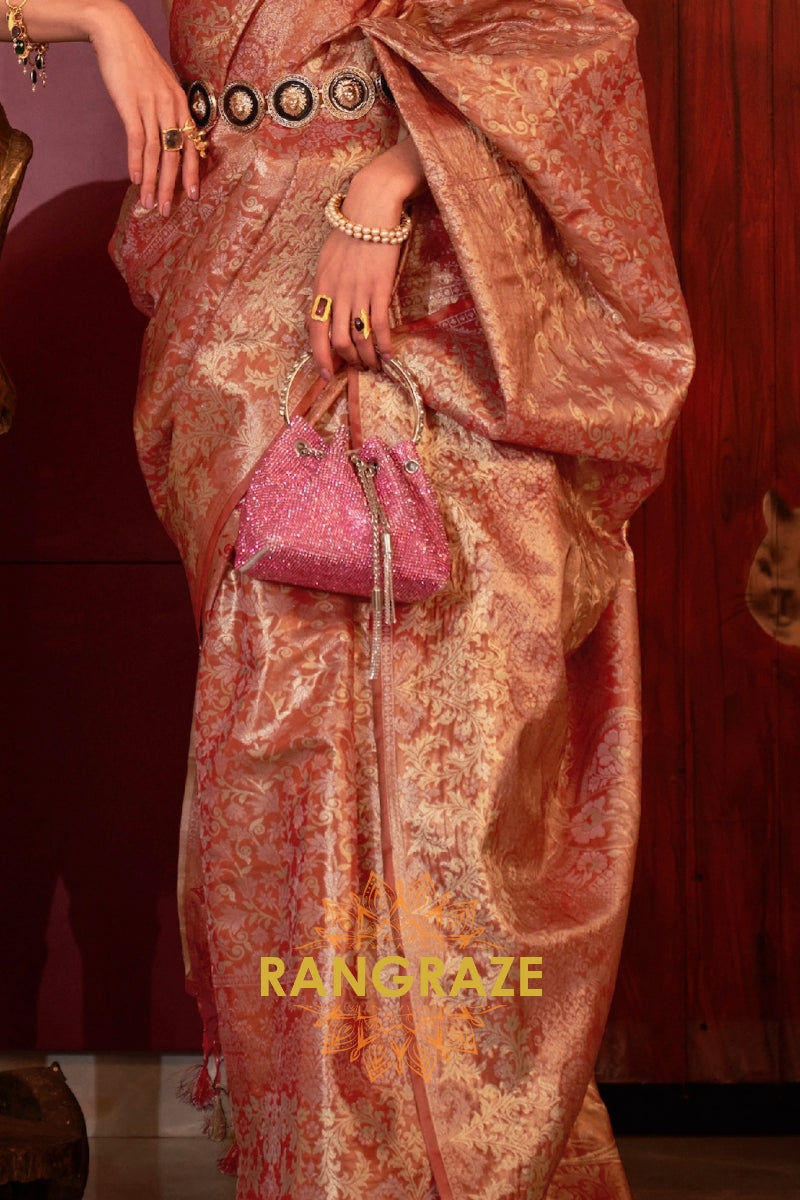 Imperial Peach Pink Woven Banarasi Brocade Silk Saree
