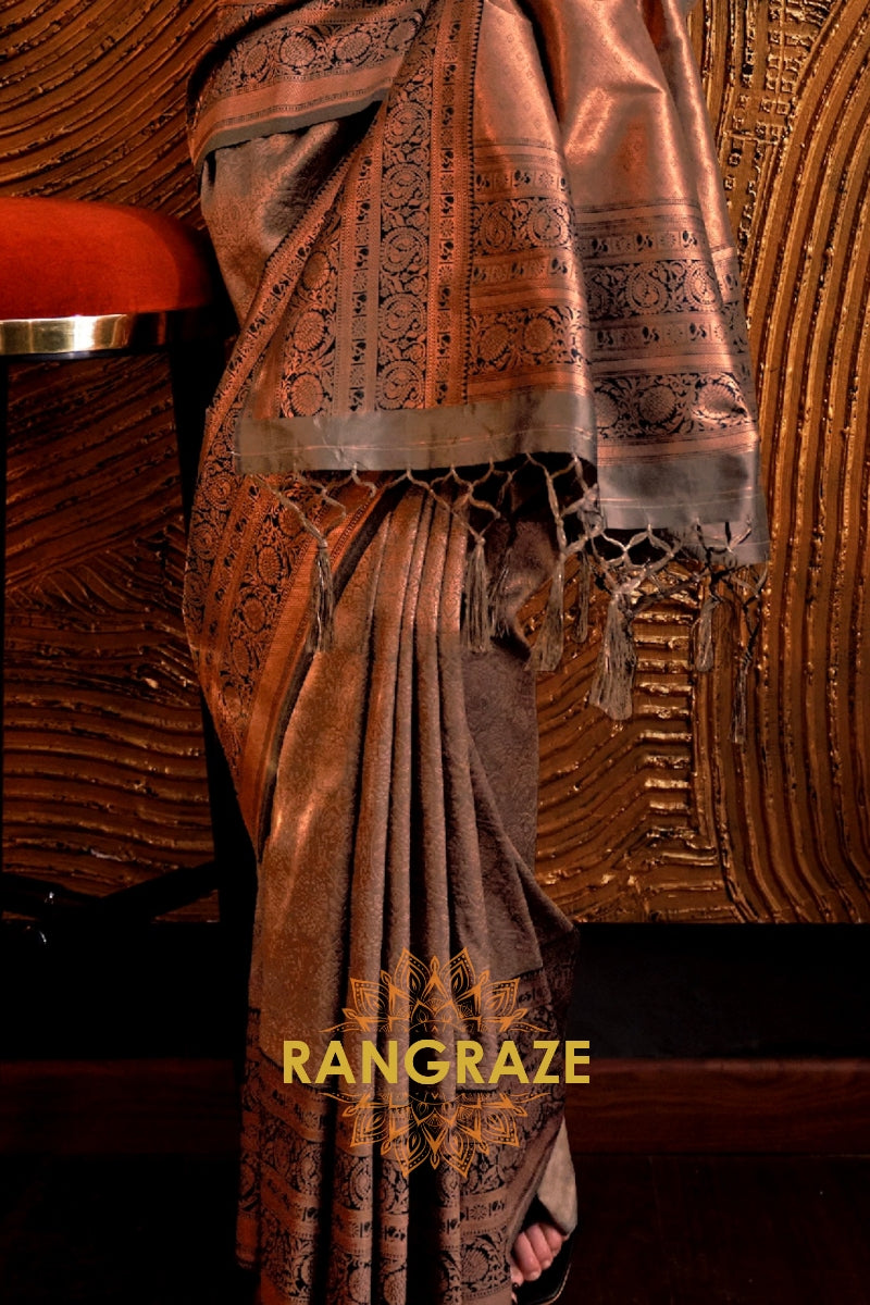 Alluring Golden Woven Banarasi Silk Saree With Contrast Brocade Blouse