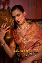 Imperial Peach Pink Woven Banarasi Brocade Silk Saree