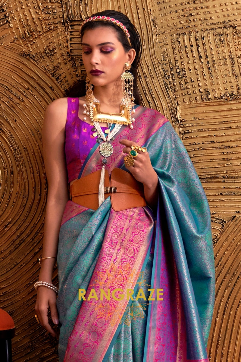 Alluring Turquoise Blue Woven Banarasi Silk Saree With Contrast Brocade Blouse