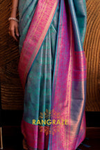 Alluring Turquoise Blue Woven Banarasi Silk Saree With Contrast Brocade Blouse