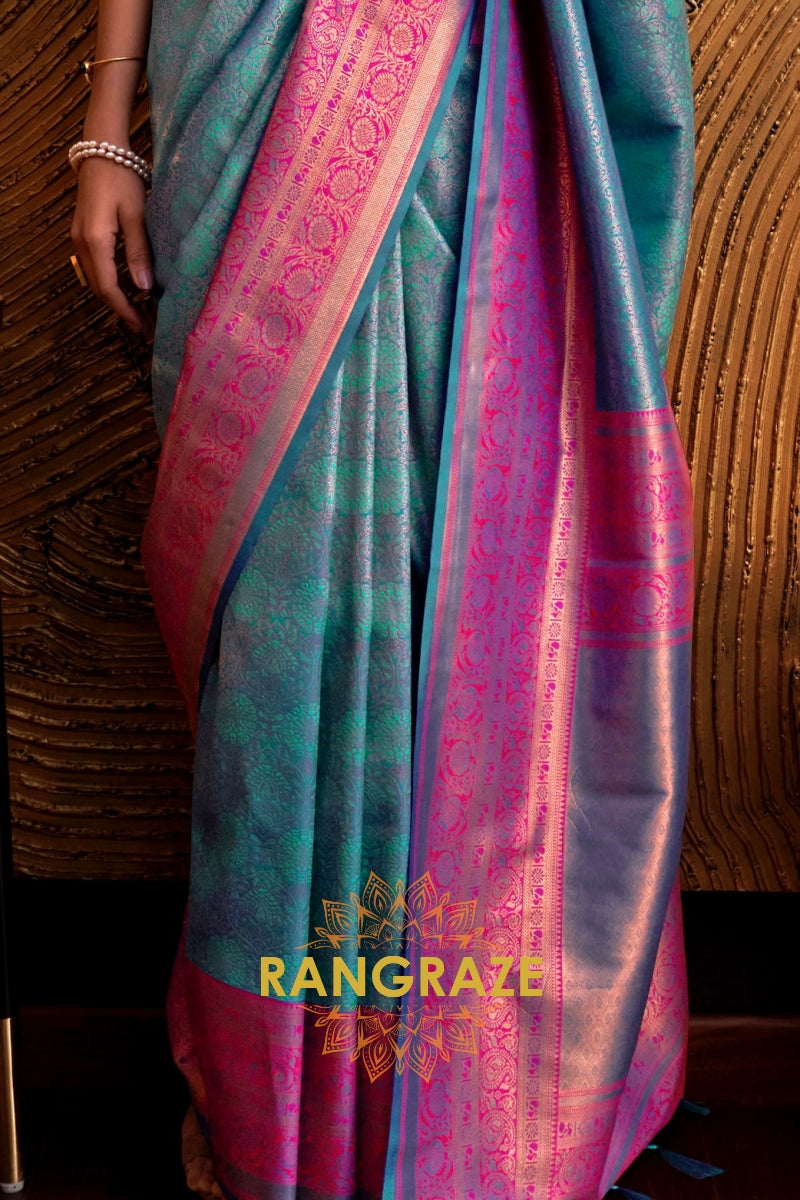 Alluring Turquoise Blue Woven Banarasi Silk Saree With Contrast Brocade Blouse