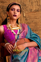 Alluring Turquoise Blue Woven Banarasi Silk Saree With Contrast Brocade Blouse