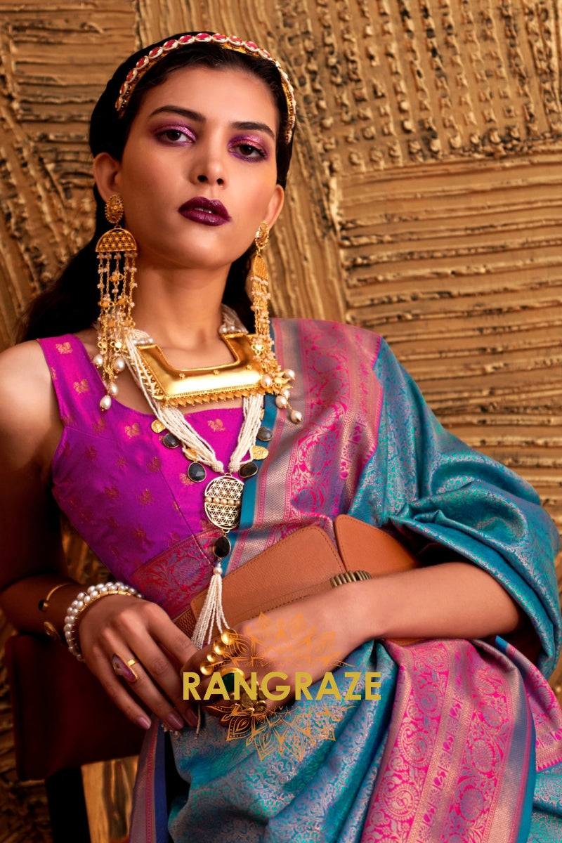 Alluring Turquoise Blue Woven Banarasi Silk Saree With Contrast Brocade Blouse