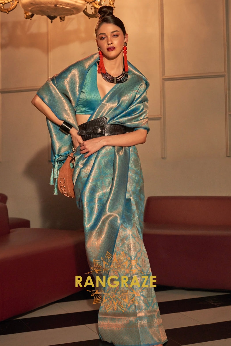 Turquoise Blue Golden Zari Woven Kanjivaram Silk Saree