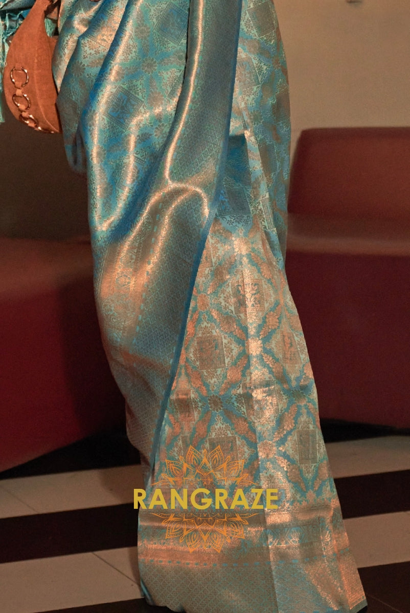 Turquoise Blue Golden Zari Woven Kanjivaram Silk Saree