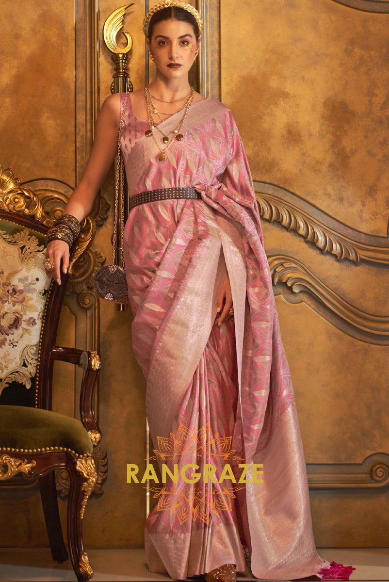 Imperial Pink Woven Banarasi Satin Silk Saree