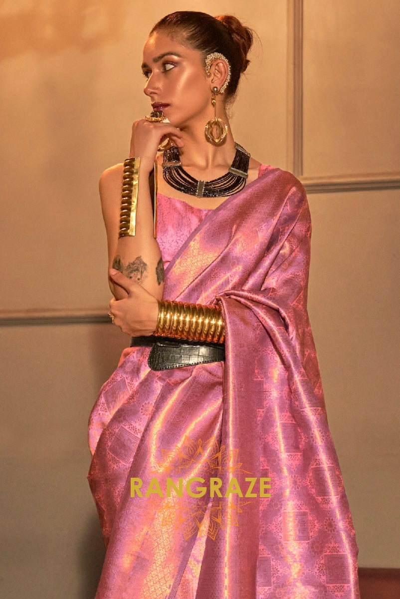 Pink Golden Zari Woven Kanjivaram Silk Saree