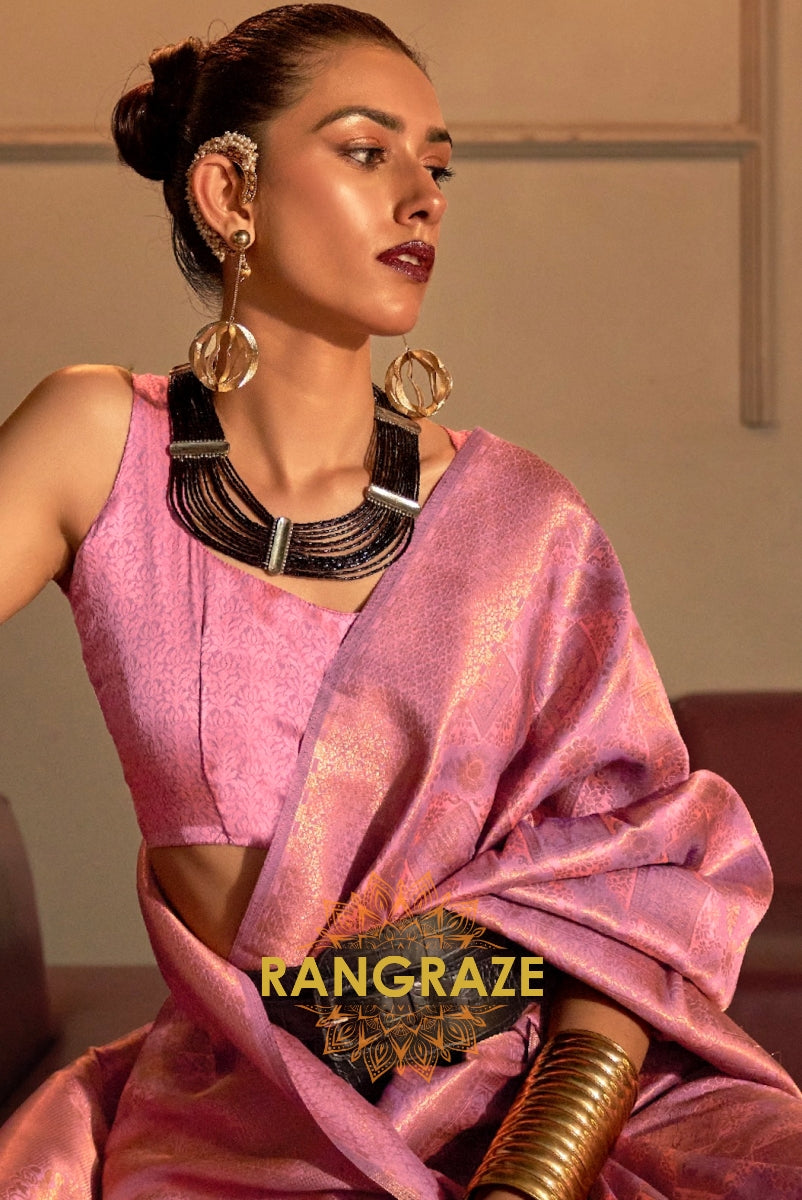 Pink Golden Zari Woven Kanjivaram Silk Saree