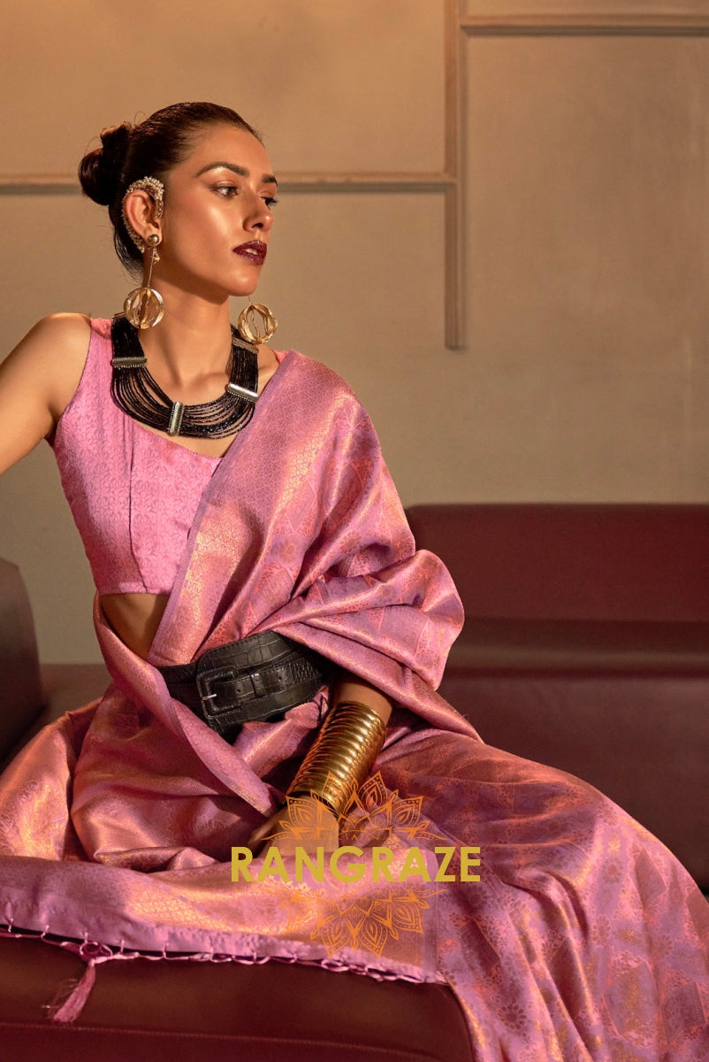 Pink Golden Zari Woven Kanjivaram Silk Saree