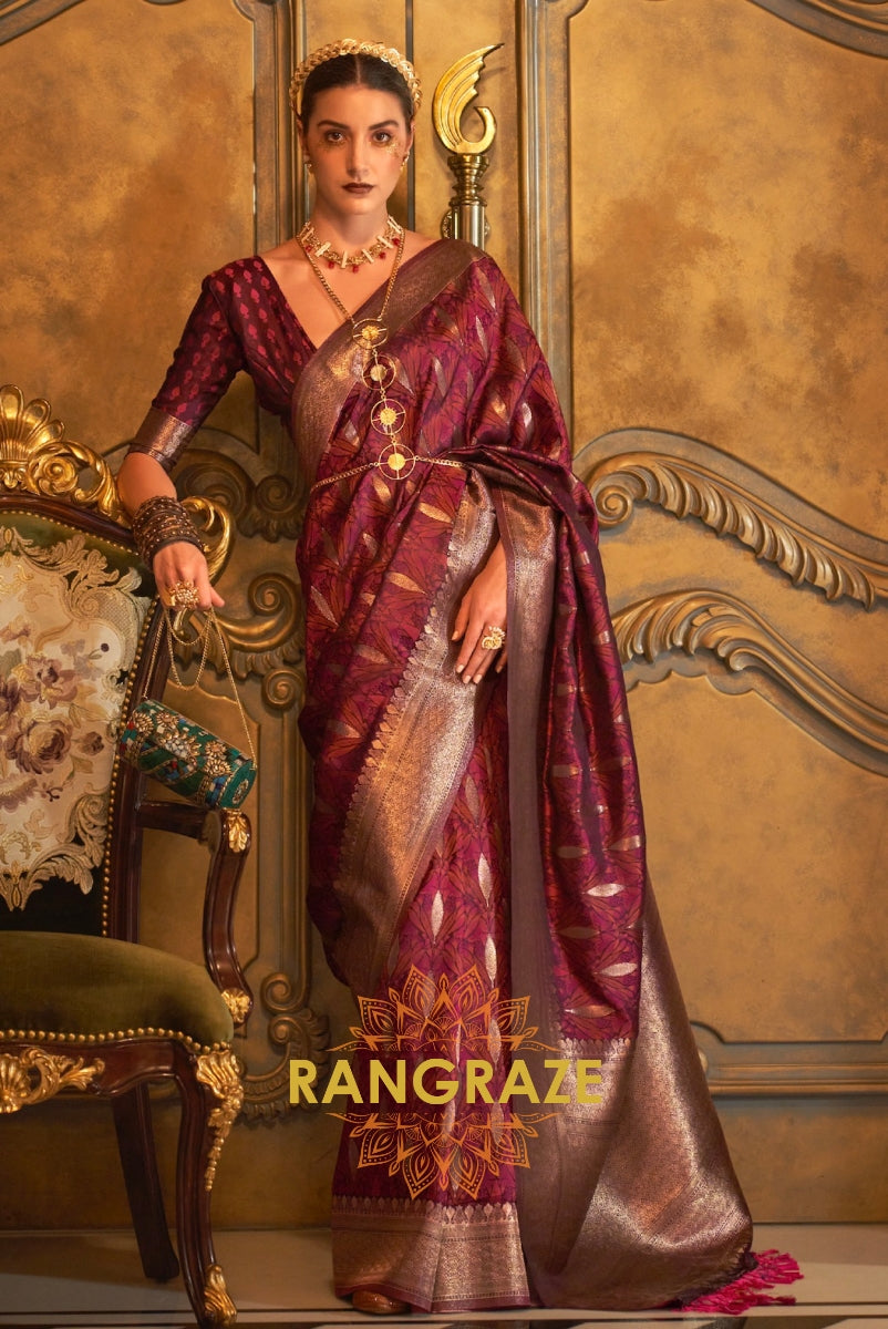 Imperial Maroon Woven Banarasi Satin Silk Saree