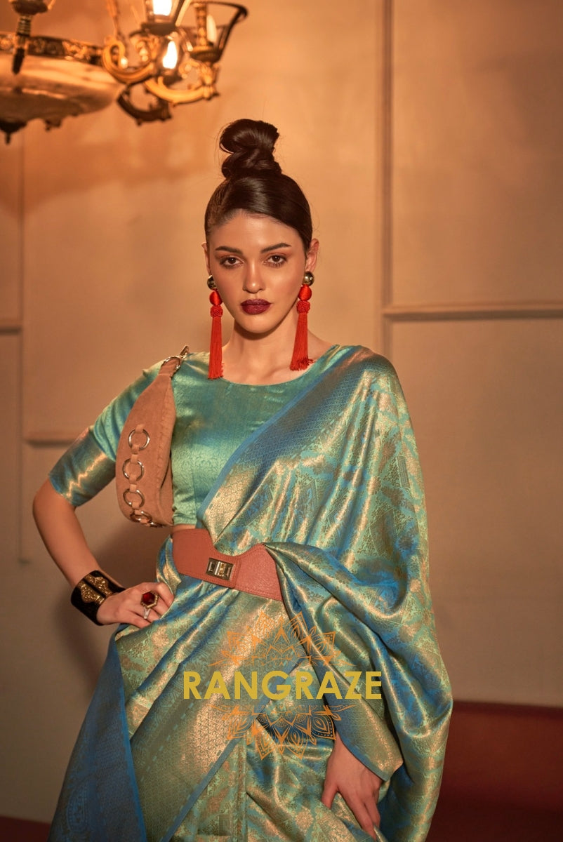 Sea Green Golden Zari Woven Kanjivaram Silk Saree
