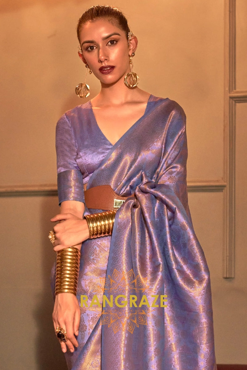 Lilac Lavender Golden Zari Woven Kanjivaram Silk Saree