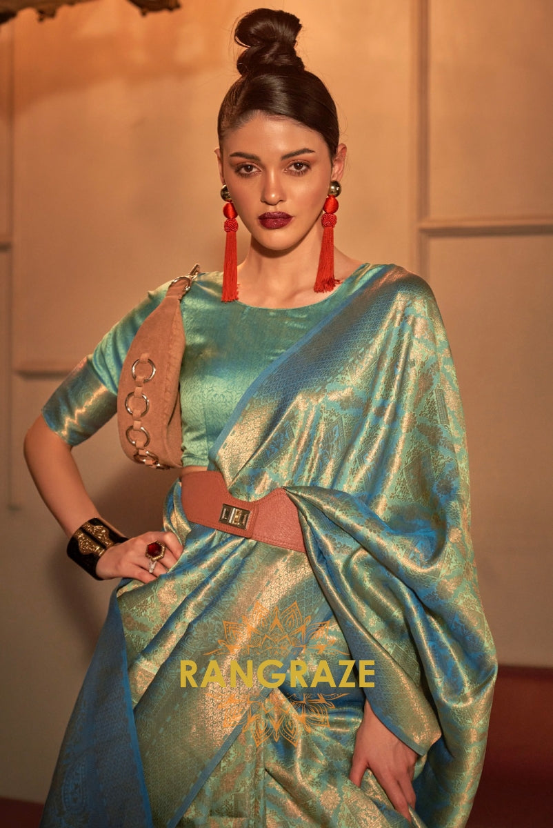 Sea Green Golden Zari Woven Kanjivaram Silk Saree