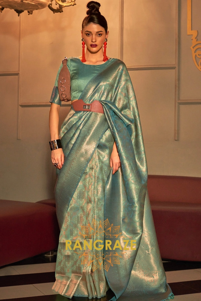 Sea Green Golden Zari Woven Kanjivaram Silk Saree