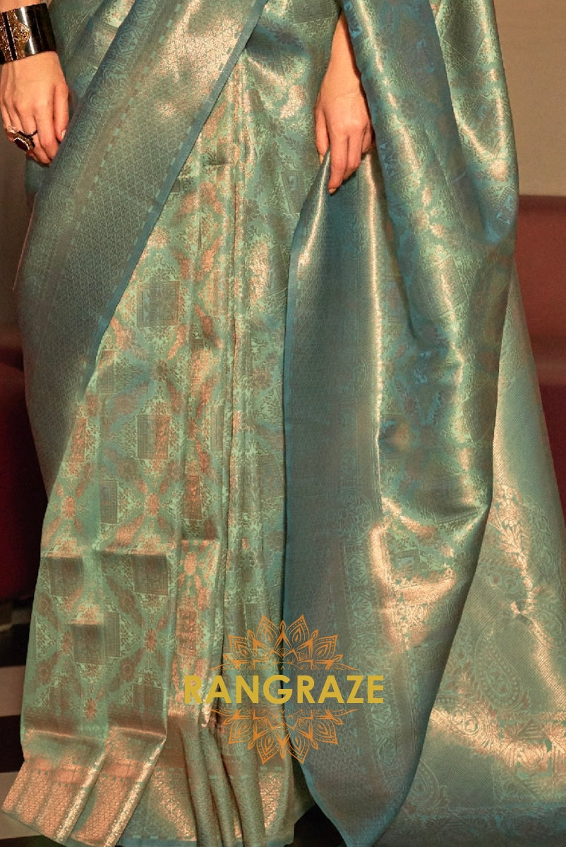 Sea Green Golden Zari Woven Kanjivaram Silk Saree