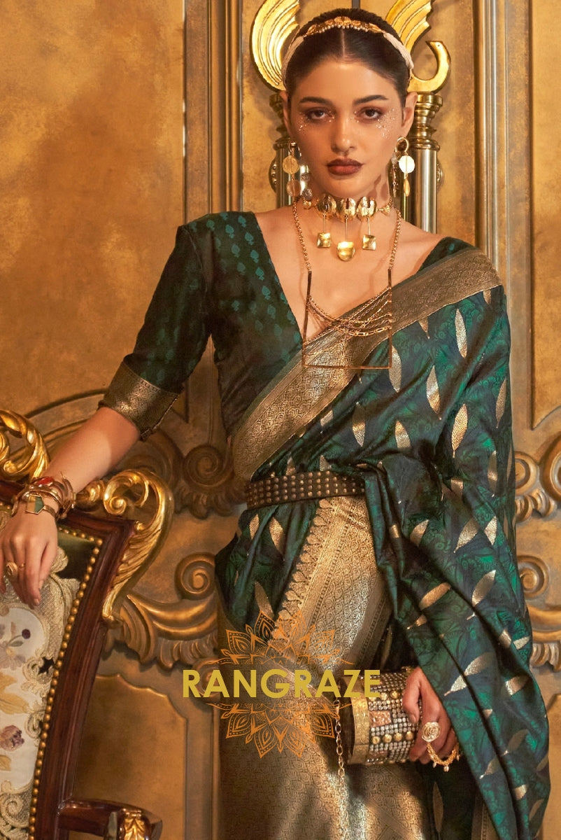 Imperial Teal Green Woven Banarasi Satin Silk Saree
