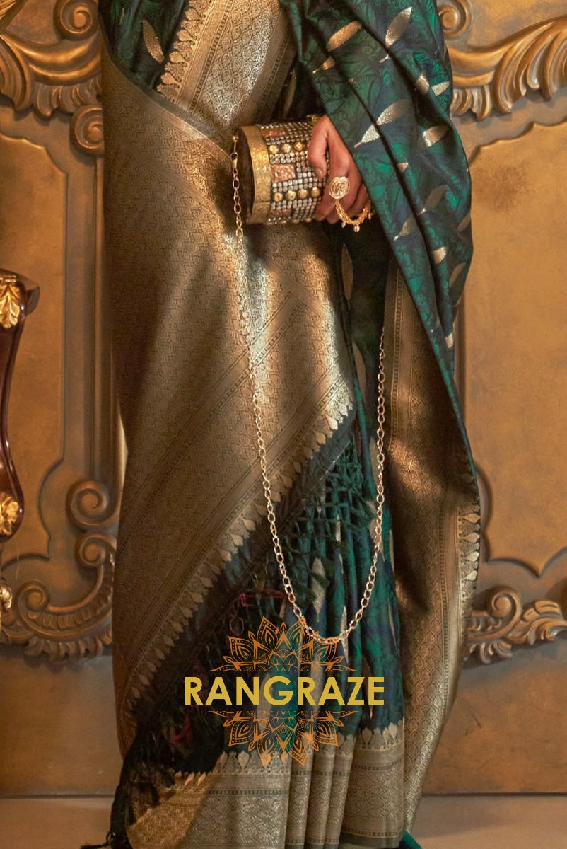 Imperial Teal Green Woven Banarasi Satin Silk Saree