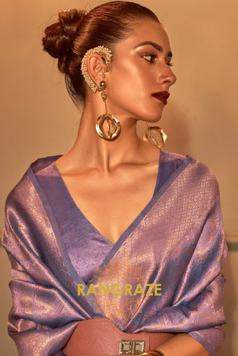 Lilac Lavender Golden Zari Woven Kanjivaram Silk Saree
