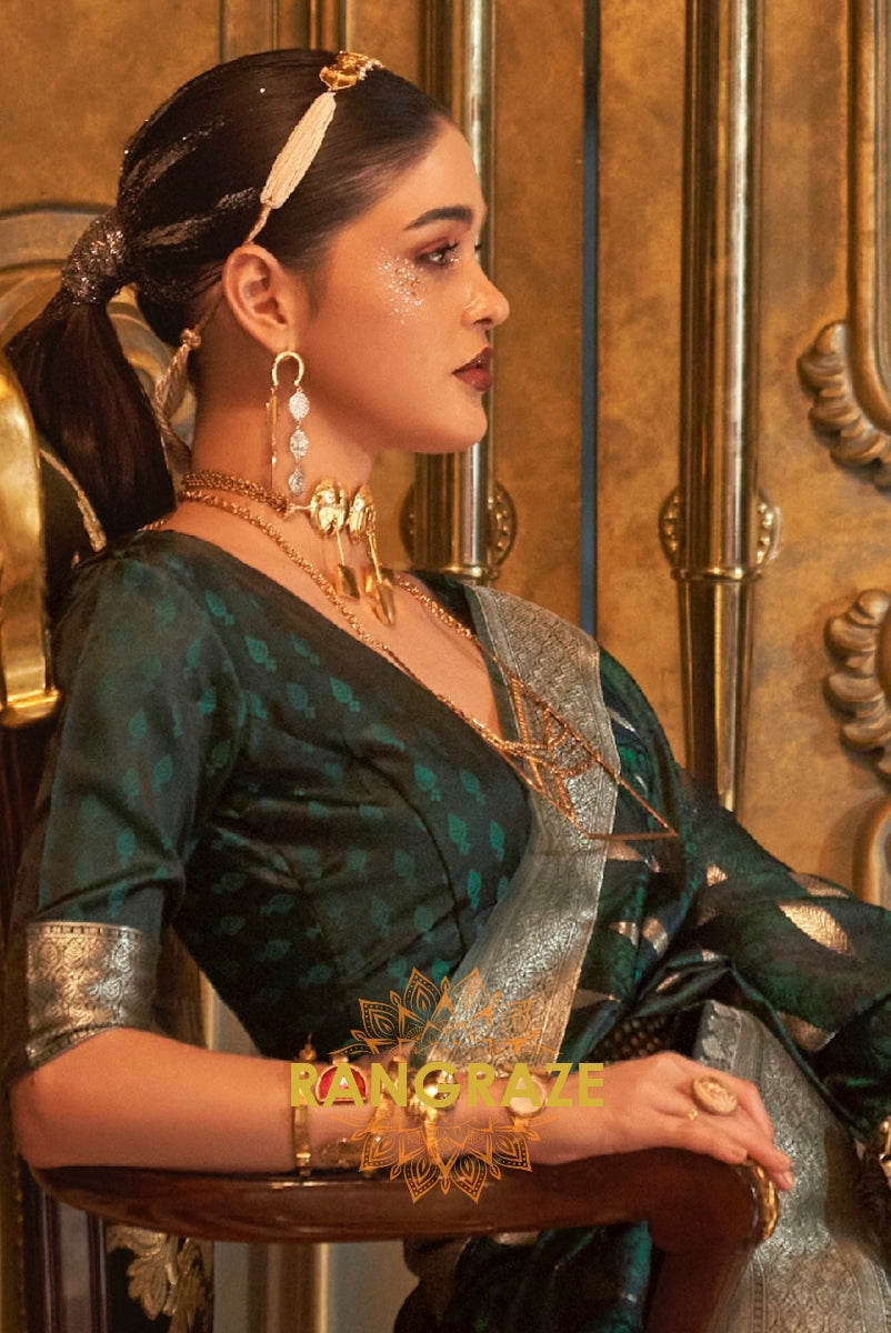Imperial Teal Green Woven Banarasi Satin Silk Saree