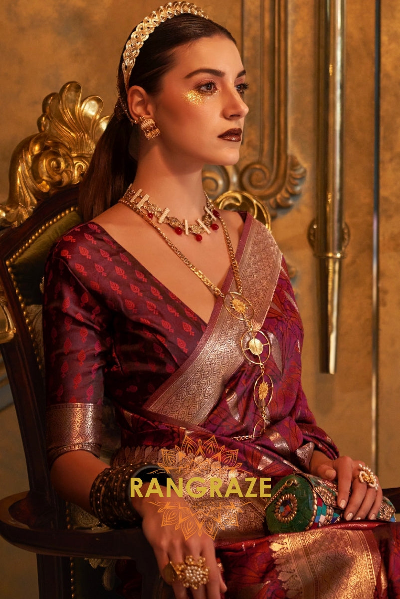 Imperial Maroon Woven Banarasi Satin Silk Saree