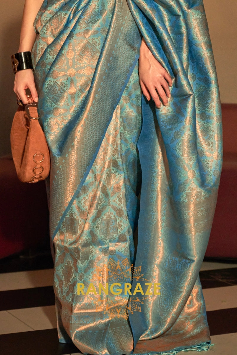 Turquoise Blue Golden Zari Woven Kanjivaram Silk Saree