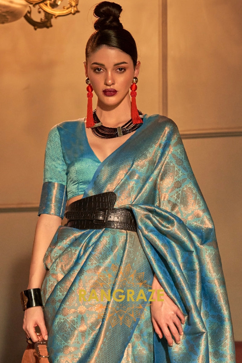 Turquoise Blue Golden Zari Woven Kanjivaram Silk Saree