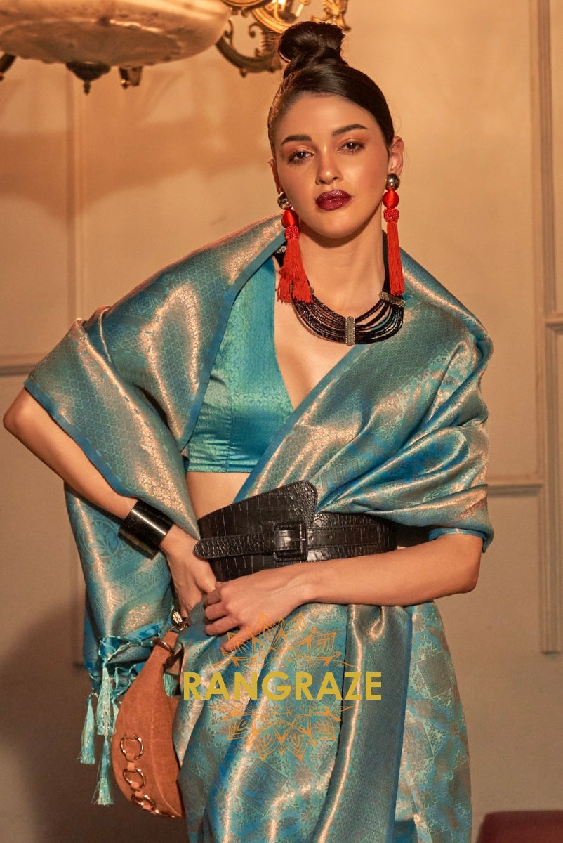 Turquoise Blue Golden Zari Woven Kanjivaram Silk Saree