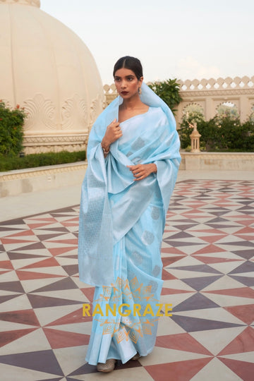 Majestic Blue Banarasi Linen Woven Silk Saree