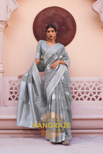 Dazzling Grey Woven Banarasi Linen Silk Saree