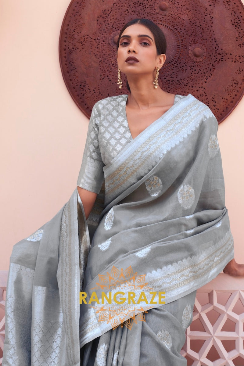 Dazzling Grey Woven Banarasi Linen Silk Saree