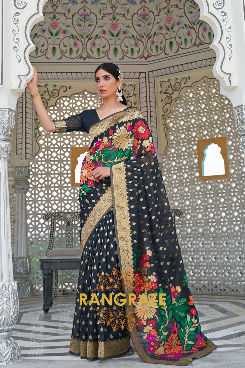 Traditional Black Woven Banarasi Linen Saree