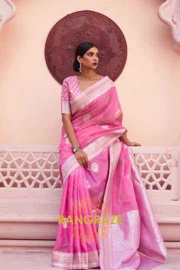 Dazzling Pink Woven Banarasi Linen Silk Saree