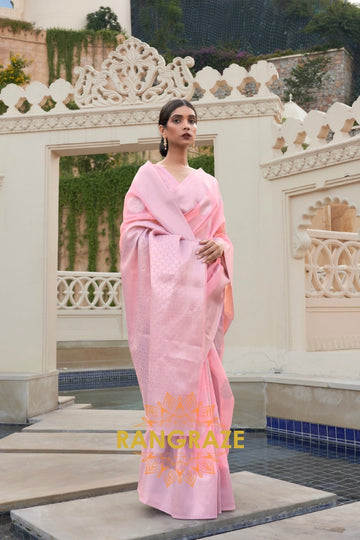 Majestic Pink Banarasi Linen Woven Silk Saree