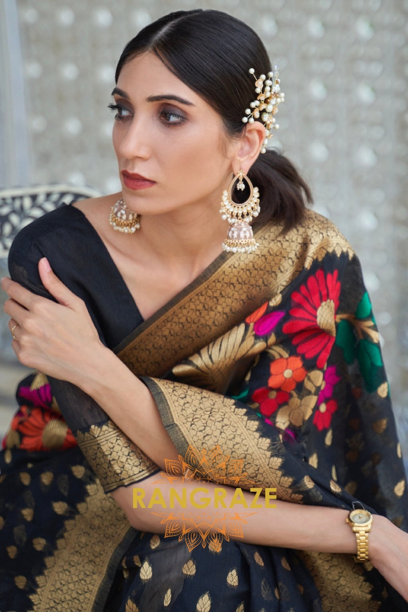 Traditional Black Woven Banarasi Linen Saree