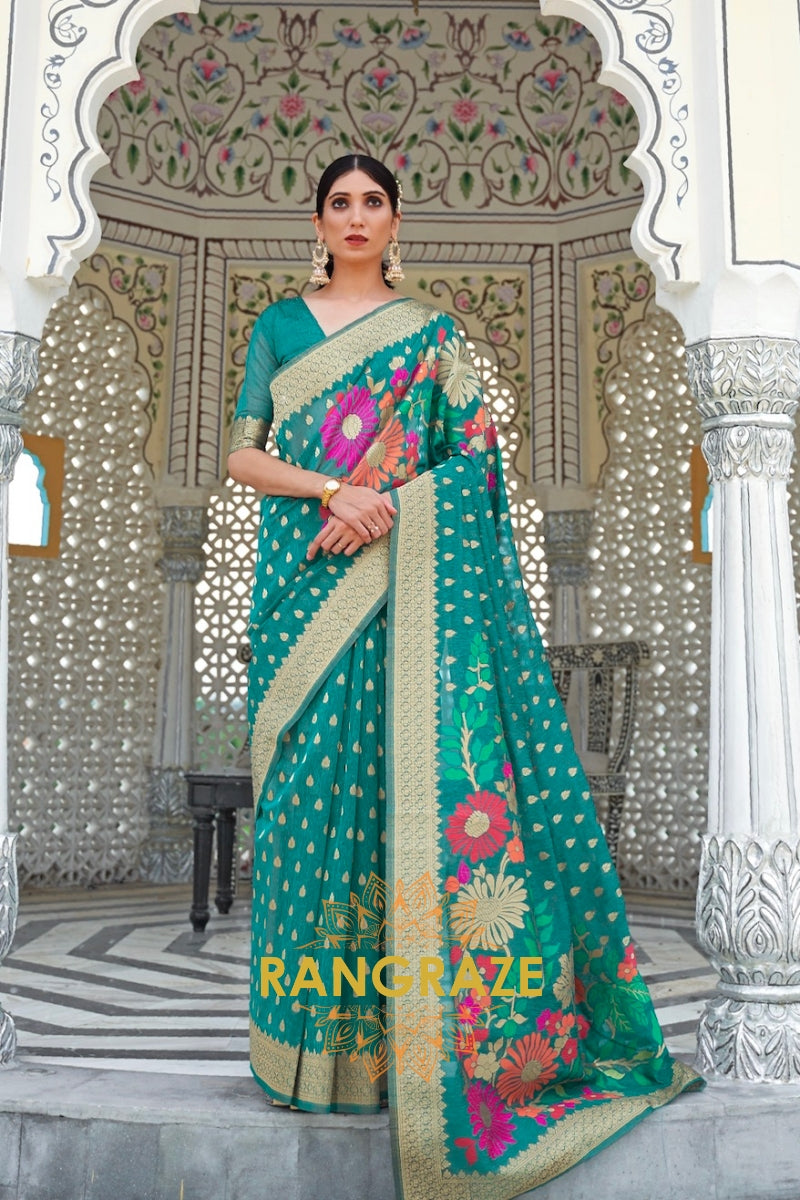 Traditional Turquois Woven Banarasi Linen Saree