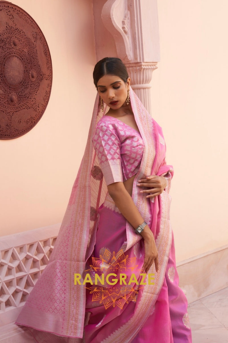 Dazzling Pink Woven Banarasi Linen Silk Saree