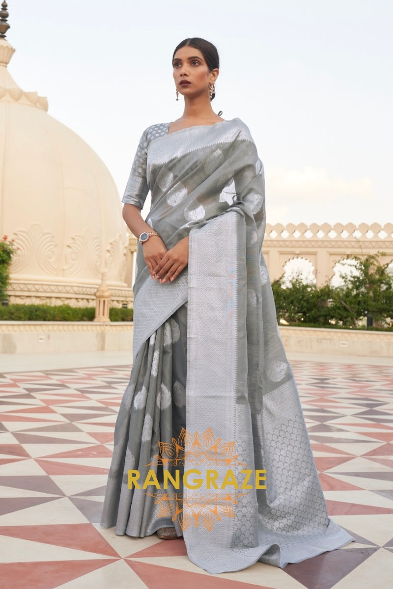 Majestic Grey Banarasi Linen Woven Silk Saree