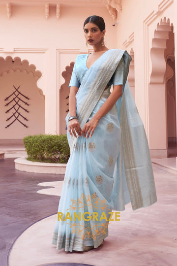 Dazzling Blue Woven Banarasi Linen Silk Saree