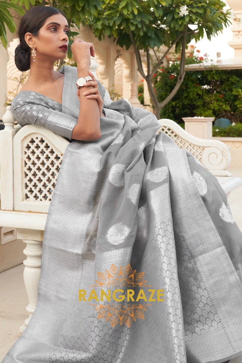 Majestic Grey Banarasi Linen Woven Silk Saree