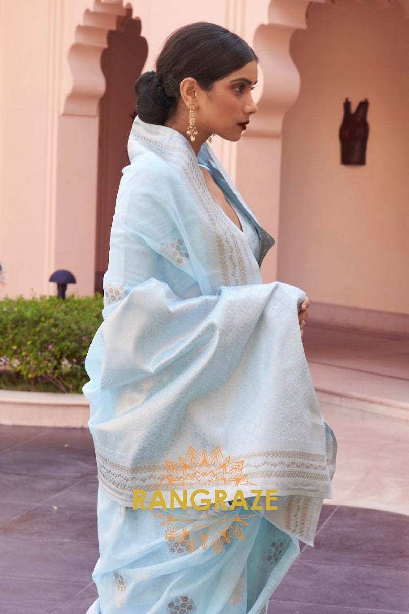 Dazzling Blue Woven Banarasi Linen Silk Saree