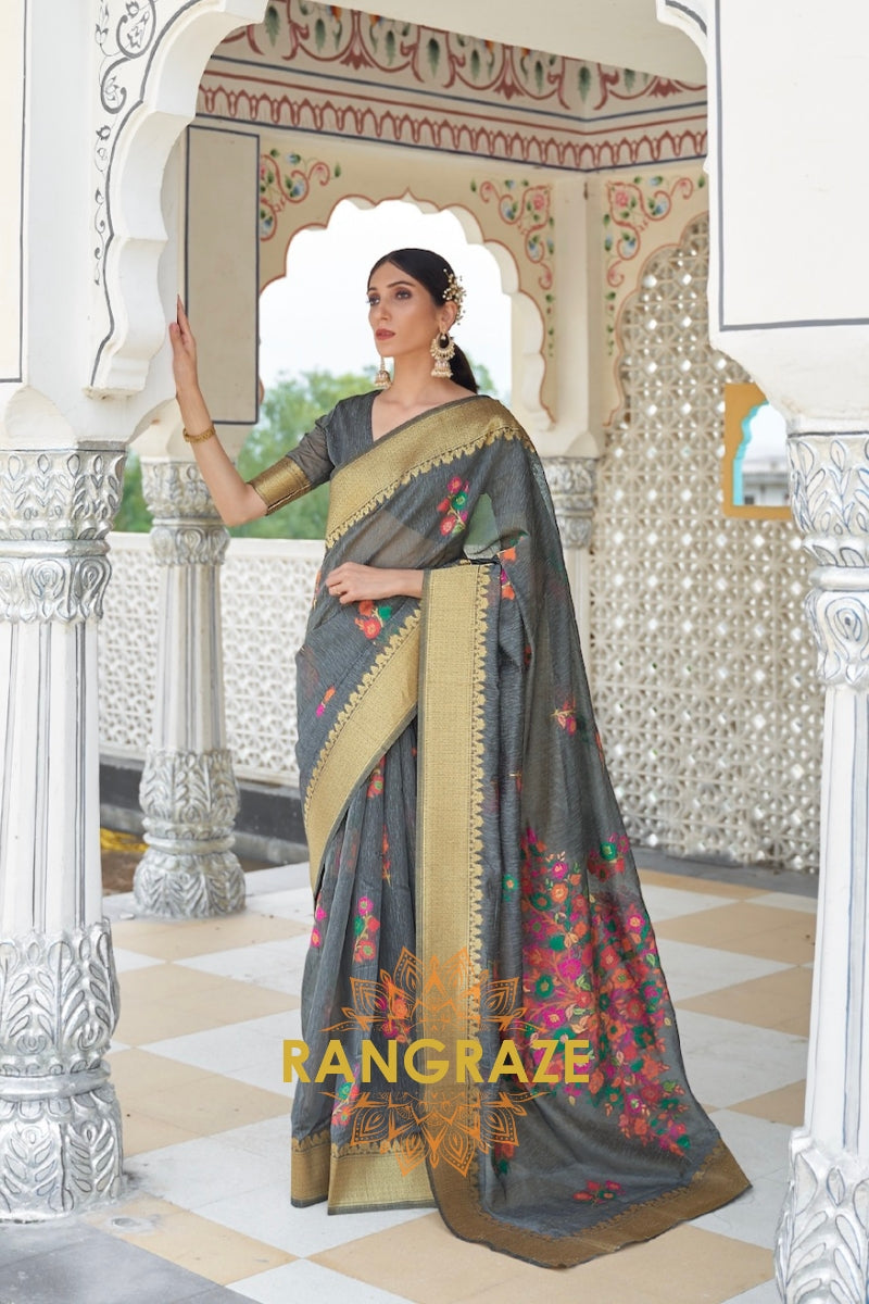 Traditional Grey Woven Banarasi Linen Saree