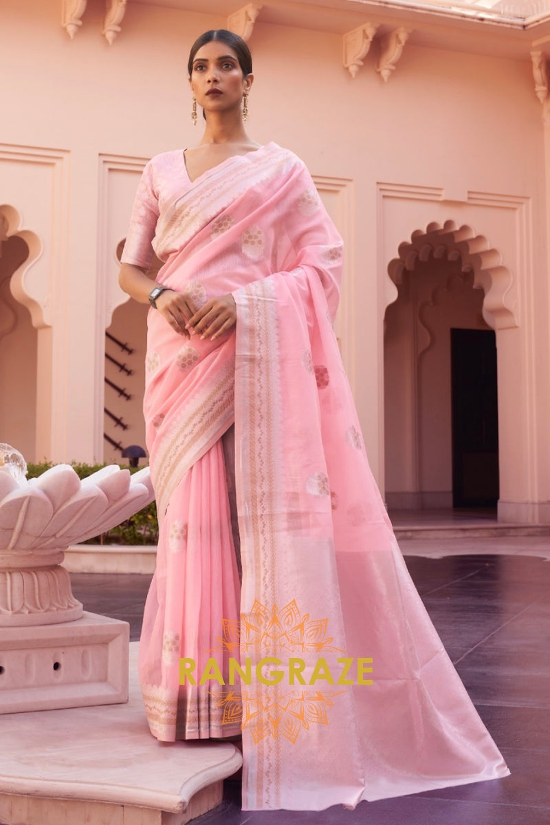 Dazzling Rose Pink Woven Banarasi Linen Silk Saree