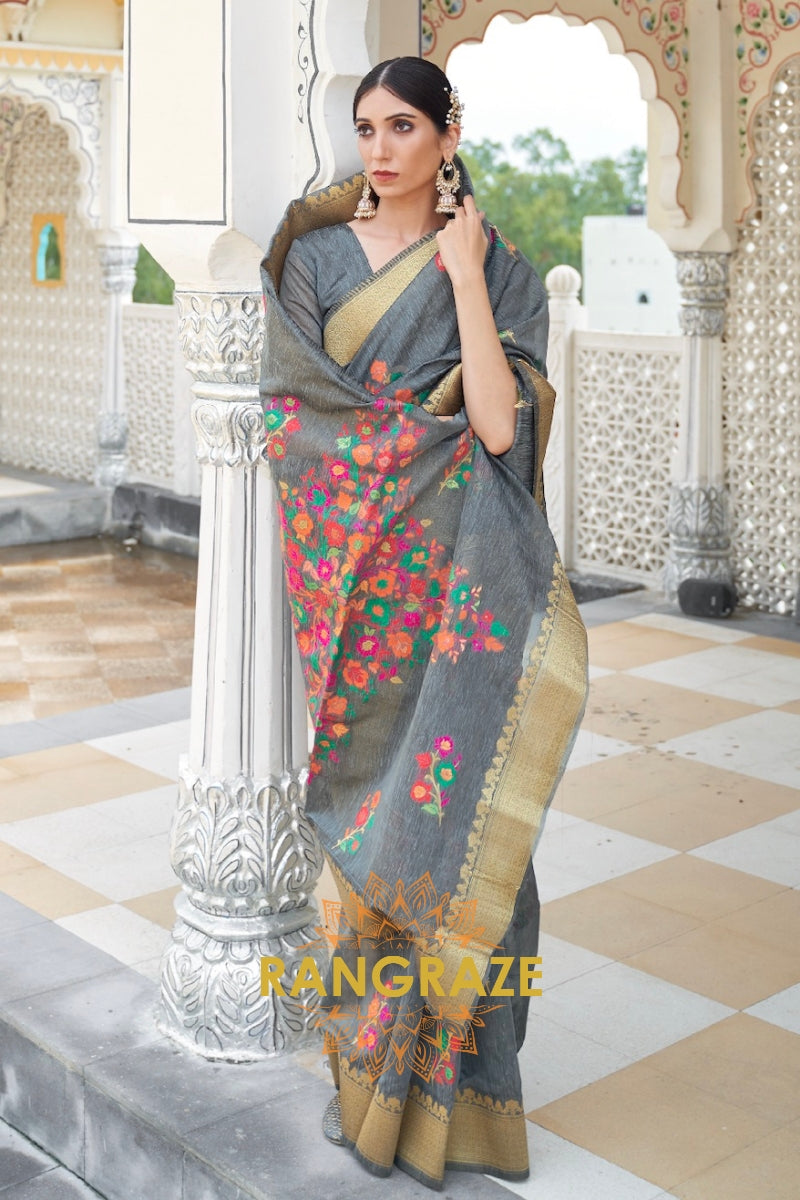 Traditional Grey Woven Banarasi Linen Saree