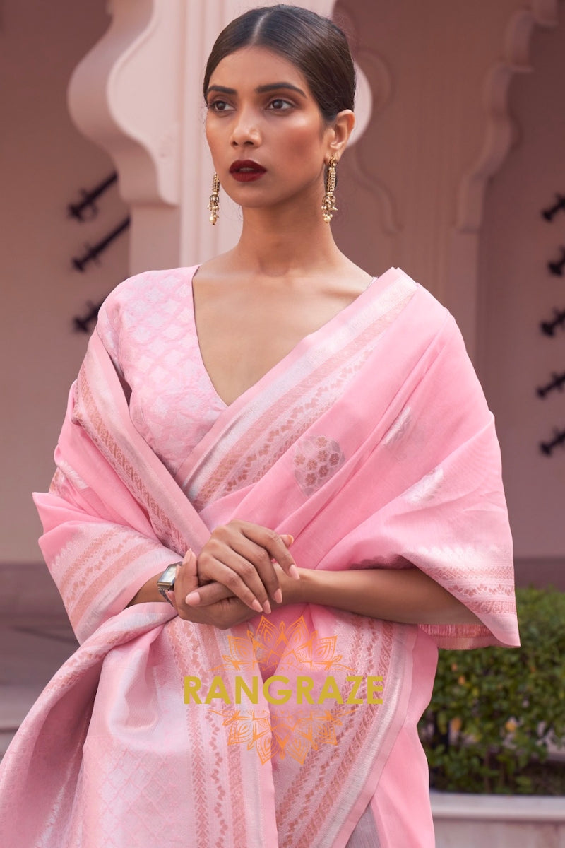 Dazzling Rose Pink Woven Banarasi Linen Silk Saree