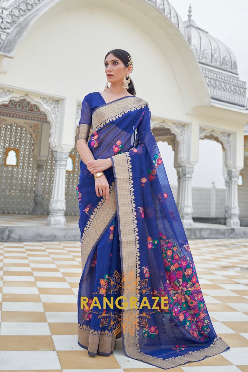 Traditional Blue Woven Banarasi Linen Saree